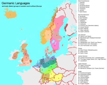 Germanic languages and main dialect groups Germanic Languages Map Europe.png