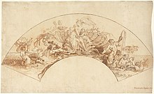 Crtež Amfitrite koja sjedi u morskoj školjki okružena svojim ispitanicima