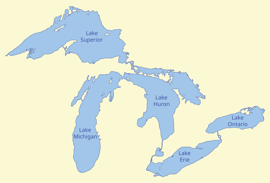 Map of Great Lakes inhabitated islands named and marked by a dot