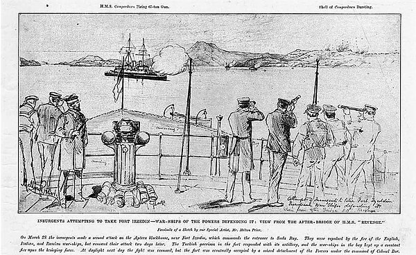 Sketch by Melton Prior of Camperdown firing her 13.5-inch (343 mm) guns at Cretan insurgents attacking Izzeddin Fortress on Crete on 26–27 March 1897 