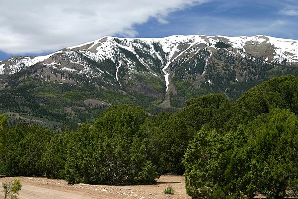 Peaks in the Henry mountains viewed from a high mountain road