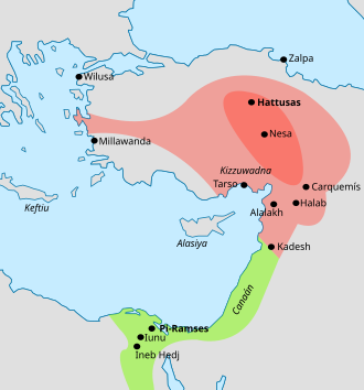 Hittite Empire showing "Zalpa of the Black Sea" at the north. "Zalpa of the Annals of Hattusili I" is located at Tilmen Hoyuk, c. 90 kilometers to the northeast of Alalah Hititas 1300 adC.svg