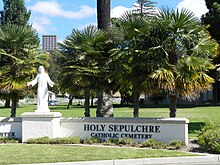 Holy Sepulchre Cemetery, with Warren Hall, California State University, East Bay in background Holysepulchrecemeteryhayward.jpg