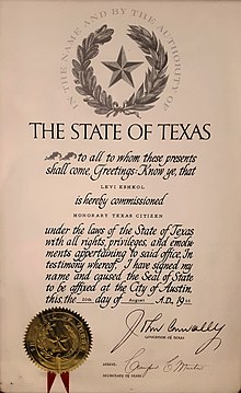 Honorary Texas Citizen certificate issued to Israeli Prime Minister Levi Eshkol. HonoraryTexasCitizen-LeviEshkol.jpg