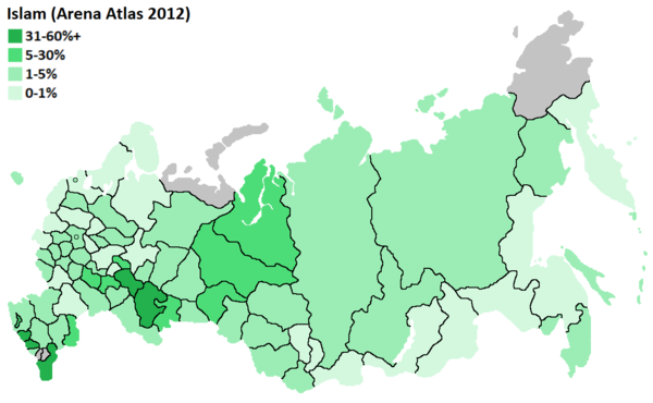 Estimated proportion of Muslim population across Russia's regions (2012)