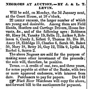 Advertisement for slave auction of slave trader Jacob Levin Jacob Levin slave auction ad.jpg