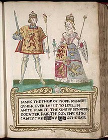 A picture on a page in an old book. A man at left wears tights and a tunic with a lion rampant design and holds a sword and sceptre. A woman at right wears a dress with an heraldic design bordered with ermine and carries a thistle in one hand and a sceptre in the other. They stand on a green surface over a legend in Scots that begins "James the Thrid of Nobil Memorie..." (sic) and notes that he "marrit the King of Denmark's dochter".