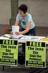 An activist for A.N.S.W.E.R. gathers petition signatures at a Los Angeles rally in October 2007 Jena Six petition.JPG