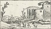 Johannes Pietersz. Berendrecht (After Esaias van de Velde). Landscape with ruins label QS:Len,"Landscape with ruins" label QS:Lpl,"Krajobraz z ruinami" label QS:Lnl,"Landschap met ruïnes" 1610-1617. etching print. 5.8 × 9.7 cm (2.2 × 3.8 in). Amsterdam, Rijksmuseum Amsterdam.