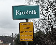 Illegally mounted street sign that created the confusion around the "LGBT Free Zones" and made the story go viral. Krasnik lgbtfreezone 02.jpg