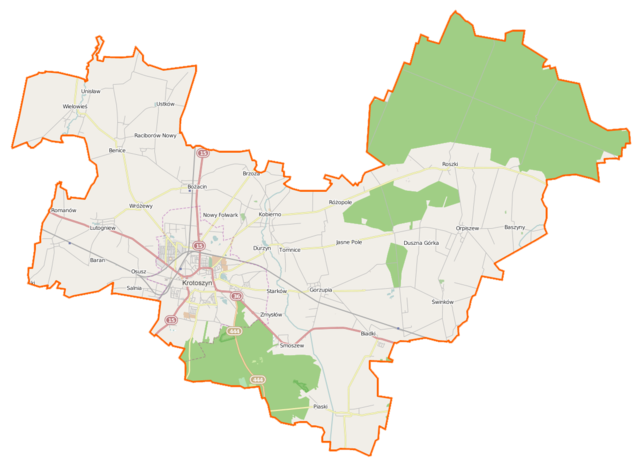 Mapa konturowa gminy Krotoszyn, blisko centrum po lewej na dole znajduje się punkt z opisem „Krotoszyn”