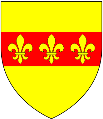 Arms of Lennard: Or, on a fess gules three fleurs-de-lys of the field Lennard (BaronDacre) Arms.svg