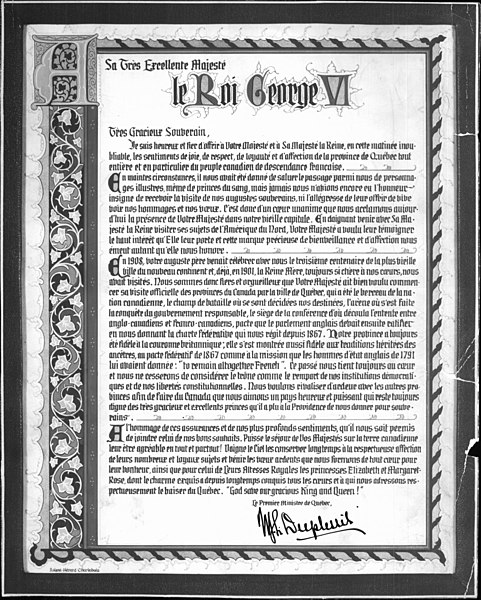 File:Lettre élogieuse de Maurice Duplessis envers le roi George VI, 1939.jpg