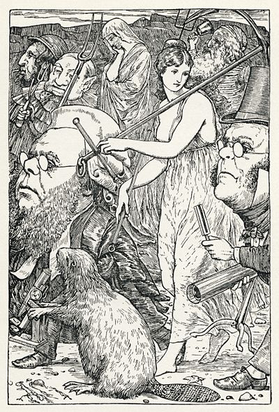 Henry Holiday's illustration of the hunt. Note accompanying Hope (midground, with anchor) and Care (background, shrouded). Lewis Carroll - Henry Holiday - Hunting of the Snark - Plate 6.jpg