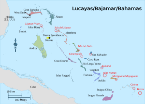 Islas Bahamas: marcadas con un círculo pueden verse las islas que han sido identificadas como Guanahani.