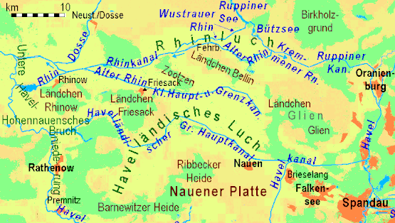 The Havelland Luch and Rhinluch:
uplands: yellow-green< 40 m to brown > 45 m,
woods = green irrespective of height Luche FHSW.gif