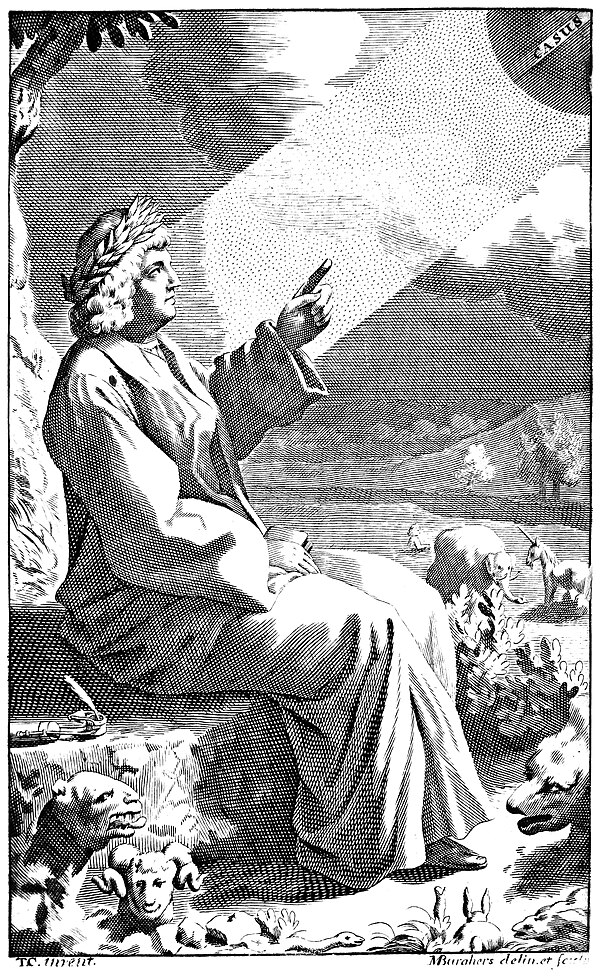 Lucretius pointing to the casus, the downward movement of the atoms. From the frontispiece to Of the Nature of Things, 1682.