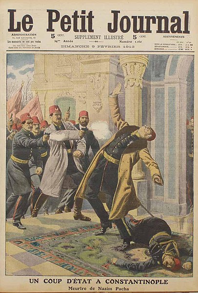 The front page of the Le Petit Journal magazine in February 1913 depicting the assassination of Minister of War Nazım Pasha during the coup.
