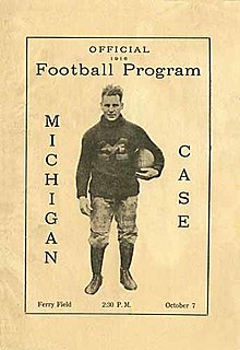 Michigan vs Case series occurred from 1894 to 1923, where Michigan hosted Case in sixteen home openers. Michigan Wolverines Case Western Reserve Spartans football 1916 John Maulbetsch.jpg