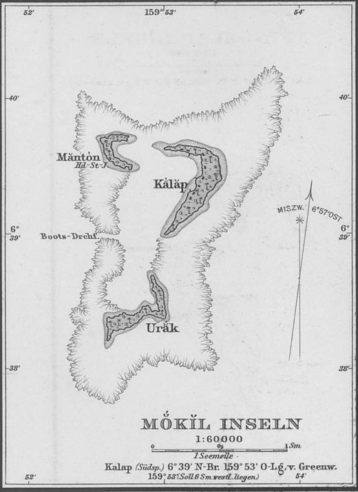 Mokil op een oude landkaart.