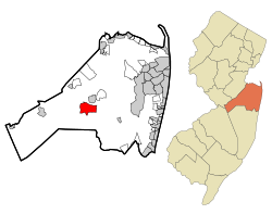 Mapa de West Freehold resaltado con en el condado de Monmouth.  Derecha: Ubicación del condado de Monmouth en Nueva Jersey.