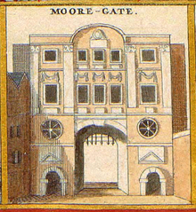 Moorgate was built in 1511, the last gate to be created in the originally Roman wall. The creation of the gate encouraged development to the north of the wall. Moorgate Hollar.PNG