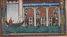 Ship mills under a bridge in Paris in the 1310s. Moulins sous pont Paris.jpg