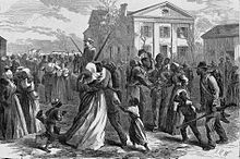 Black volunteer soldiers muster out to their first freedom, Harper's Weekly, 1866 Mustered out, harper's weekly, little rock, AR.jpg