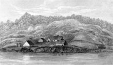 An engraving of Fort George, Astoria from the publication Narrative of a Voyage around the World (1843) Narrative of a Voyage around the World - Fort George, Astoria.png