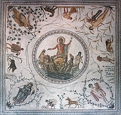 Image 34The Triumph of Neptune floor mosaic from Africa Proconsularis (present-day Tunisia), celebrating agricultural success with allegories of the Seasons, vegetation, workers and animals viewable from multiple perspectives in the room (latter 2nd century) (from Roman Empire)