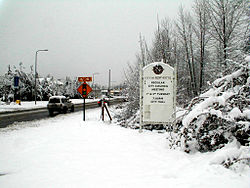 Newcastle welcome sign on a snowy day