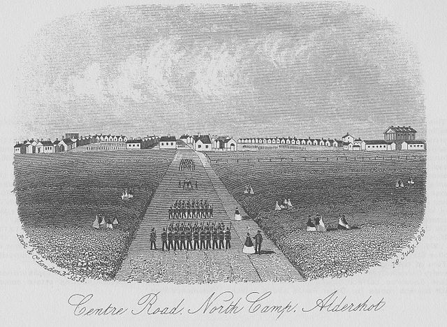 Print showing the wooden barracks of North Camp in 1866