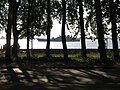 A view on a Russian Navy boat from the embankment of the Northern Dvina river