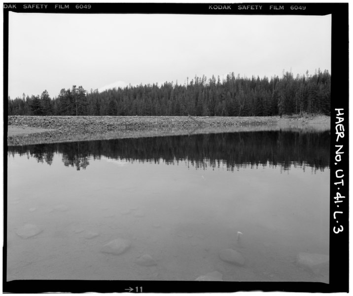 File:OVERALL VIEW OF DAM, SHOWING UPSTREAM FACE, LOOKING SOUTHWEST - High Mountain Dams in Bonneville Unit, Trial Lake Dam, Kamas, Summit County, UT HAER UTAH,22-KAM.V,1-L-3.tif