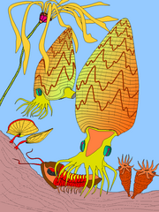 Ricostruzione schematica di nautiloidi oncoceratidi (Gomphoceras) a caccia in un ambiente di barriera corallina esterna di età siluriana.[N 11] L'ornamentazione costituita da lineazioni scure a zig-zag su fondo chiaro è caratteristica di forme simili.[107]