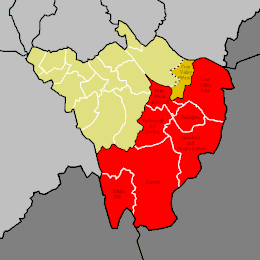 Map showing the wards of the Orpington parliamentary constituency (red) within the London Borough of Bromley (yellow). Cray Valley West (orange) was included in the constituency at the election in 2005 but transferred to Bromley and Chislehurst in 2010. Orpington-P-C.GIF