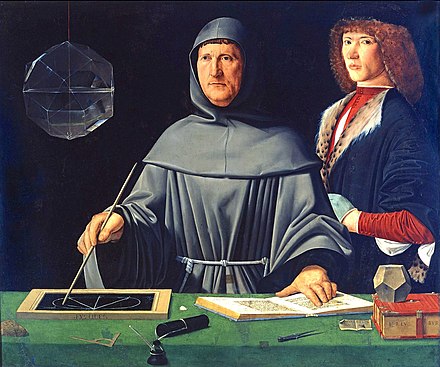 Portrait of Luca Pacioli, father of accounting, painted by Jacopo de' Barbari,[c] 1495, (Museo di Capodimonte).