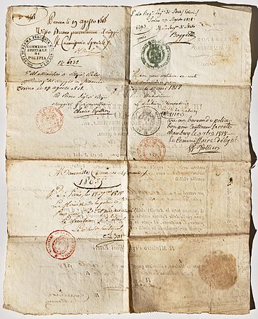 English: Back side of an Italian passport established in Modena on 1818-08-16. There are 6 visas, emited in Pavia (on 1818-08-19), Torino (3 times on 1818-08-27), Chambéry (1818-09-09) and finally Paris (1818-09-12).