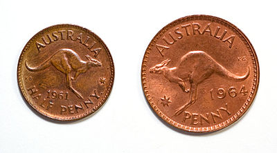 Australian 1961 half penny and 1964 penny with Kangaroos.
