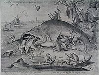 AnonymousUnknown author (After Pieter van der Heyden, published by Hendrik Hondius (I)). Big Fishes Eat Little Fishes label QS:Len,"Big Fishes Eat Little Fishes" label QS:Lpl,"Duże ryby zjadają małe ryby" label QS:Lnl,"De grote vissen de kleine" 1588-1649. engraving. 20.8 × 29 cm (8.1 × 11.4 in). Rotterdam, Museum Boijmans Van Beuningen.