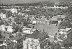 This 1942 photo, shot from the 35th floor of the Cathedral of Learning, shows all the "Acropolis Plan" buildings that were constructed. Top left is Pennsylvania Hall (now the site of a residence hall of the same name); just below it, on the upper far left, is the Mineral Industries Building (now demolished); State Hall is at the bottom right (now the site of Pitt's Chevron Science Center); and in the center, just behind and to the left of the roof of Sailors and Soldiers Memorial, is Thaw Hall, the only remaining building from the Acropolis Plan. Eberly Hall (then called Alumni Hall) is the long building in the center, and the first to deviate from the Acropolis Plan. Allen Hall (the former home of Mellon Institute) is in the middle at the far left. The Hill Campus, still much as it existed in this photo, was the main focus of student life from 1909 until the construction of the Cathedral of Learning. Pittupper1942.jpg