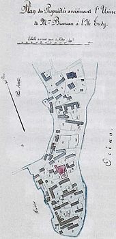 Plan cadastral de l'Ïle-Tudy en 1880 ; projet d'installation de la conserverie Brosseau (Archives départementales du Finistère).