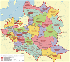 Administrative divisions of the Polish-Lithuanian Commonwealth within the partition borders of 1772 that were introduced by the National Government during the January Uprising in 1863 Podzial terytorialny Rzeczypospolitej 1863.png