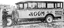 Portable broadcast station KGGM in operation during the 1928 Trans-American Footrace. Portable radio station KGGM (1928).jpg