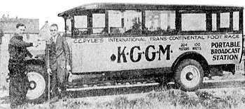 1928 publicity photograph of KGGM as a "portable broadcast station", used each evening along the route of a coast-to-coast foot race. Portable radio station KGGM (1928).jpg