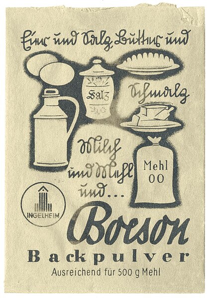Poster for Boeson baking powder, the first patented Boehringer Ingelheim product in year 1895