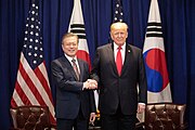 President Trump and South Korean President Moon Jae-in President Donald J. Trump with the President of the Republic of South Korea Moon Jae-in at a bilateral meeting Monday, Sept. 24, 2018, at the Lotte New York Palace in New York. (44893921991).jpg