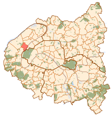 Vue de la commune de Puteaux en rouge sur la carte de Paris et de la « Petite Couronne ».