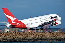 Qantas Airbus A380 taking off at Sydney Airport Qantas A380 VH-OQB Sydney.jpg