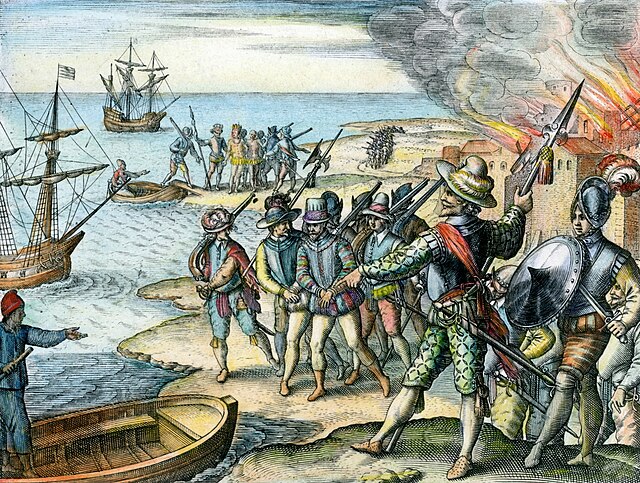 Sir Walter Raleigh raiding Spanish settlement in Trinidad in 1595